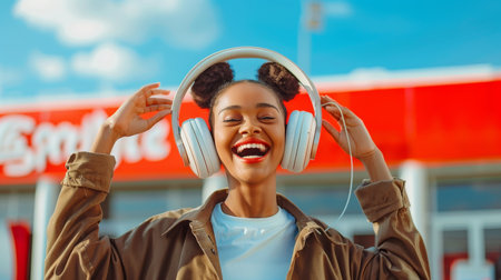 happy african american woman in headphones listening to music on streetの素材