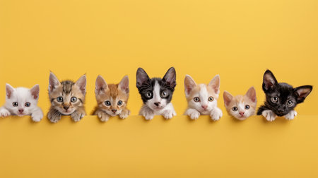 Group of kittens in a row on a yellow background with copy spaceの素材
