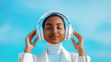 african american muslim woman in headphones listening music on blue backgroundの素材