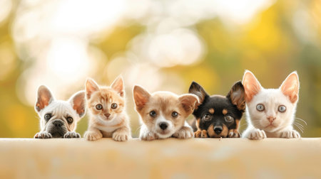 Group of cute little kittens and chihuahua puppies on blurred backgroundの素材