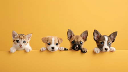Group of cute little puppies on yellow background. Copy space for textの素材