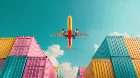Cargo containers with airplane flying over them. 3D Renderingの素材