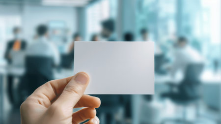 Hand holding blank business card on blurred office background. Mock up, 3D Renderingの素材