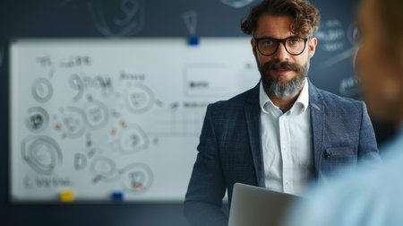 Portrait of mature businessman using laptop while standing in office with colleaguesの素材