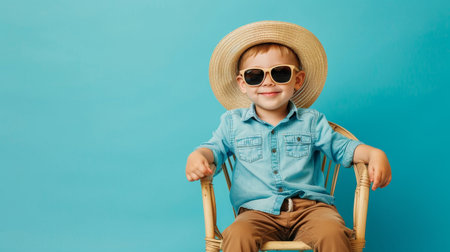 Cute little boy in a straw hat and sunglasses sits on a chair on a blue backgroundの素材