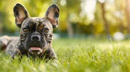 Cute french bulldog puppy lying on the green grass in the parkの素材