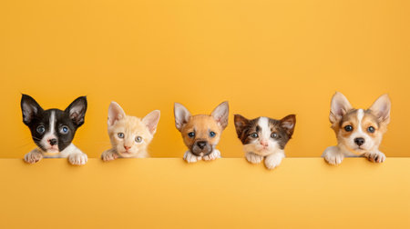 Group of cute little chihuahua puppies peeking out from behind a yellow wallの素材