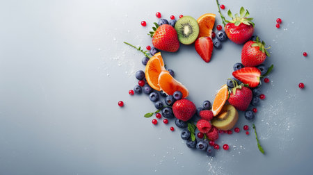 Heart made of fresh fruits and berries on blue background. Healthy food concept.の素材