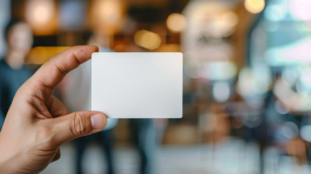Blank business card mockup in female hand on blurred background.の素材