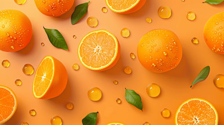 Orange fruit with water drops on orange background. 3d illustration.の素材