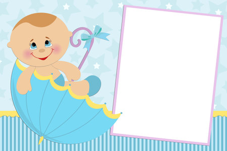 Blank template for baby's greetings card or photo frame in blue colorsのイラスト素材