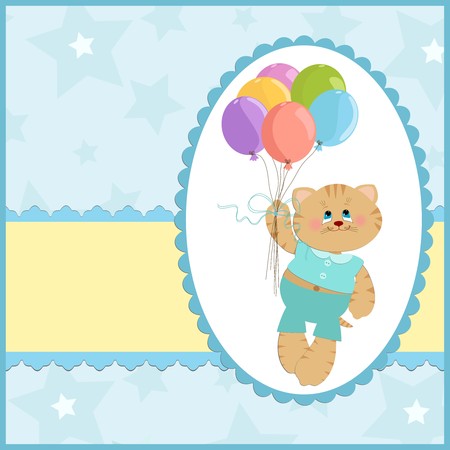 Baby's greetings card with cat and flying balloonsのイラスト素材