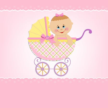 Baby greetings card with pink strollerのイラスト素材