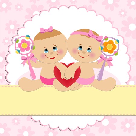 Template for baby's ostcard with twins girlsのイラスト素材