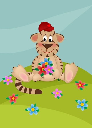 Cartoon tiger cub on the lawn with bouquet of flowersのイラスト素材