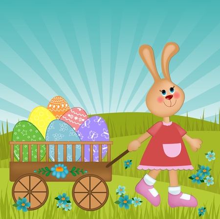 Easter greetings card with rabbit pulling trolley with painted eggsのイラスト素材