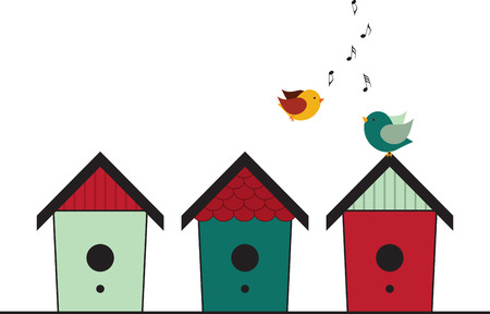 Happily singing birds flying and standing on their birdhouses.のイラスト素材