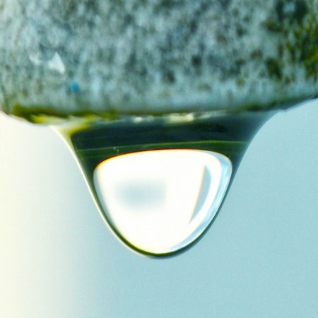 The round transparent drop of water falls downwardの写真素材