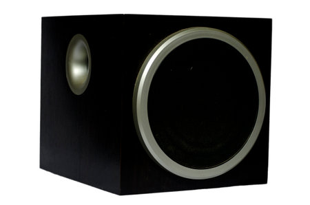 Black loudspeaker isolated on a white background, clipping path included.の写真素材