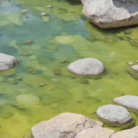 green water in a small pond with stones and pebbles in the backgroundの素材