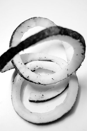 Sliced onion on white background. Black and white photo.の写真素材