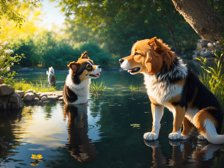 Two Welsh Corgi dogs standing in the water. The dog is looking at the camera.の素材
