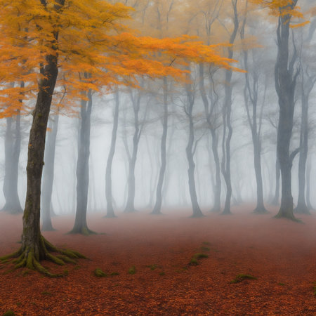 Autumn forest in the fog. 3D render. Nature backgroundの素材
