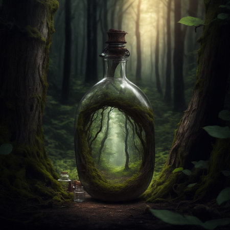 Magic potion in bottle with forest background. Halloween concept. 3D Renderingの素材