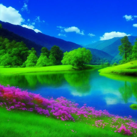 beautiful spring landscape with azalea flowers and lake in mountainsの素材