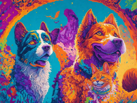 Dog and cat on a colorful background. Illustration for your designの素材
