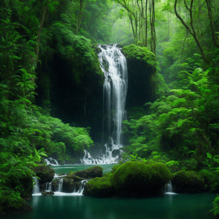 Beautiful waterfall in green forest. Nature background. Soft focus.の素材