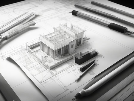 Architectural project of a house on the table with drawing toolsの素材