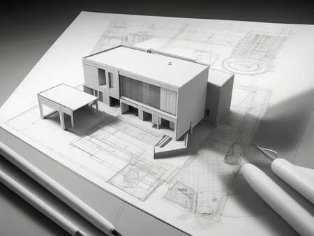 architectural project with drawings and model of a house on the tableの素材