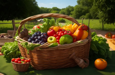 basket of fresh vegetables and fruits on the table in the gardenの素材