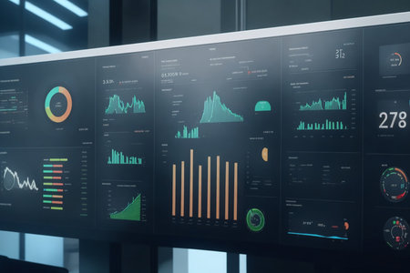 Futuristic screen with charts and graphs of stock exchange trading conceptの素材