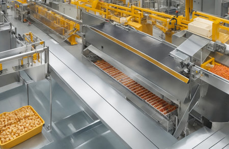 Conveyor belt with food products in a modern food processing plantの素材