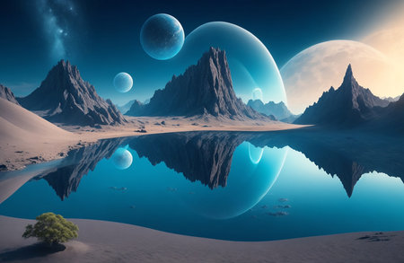 Fantasy alien planet. Mountain and lake. 3D illustration.の素材