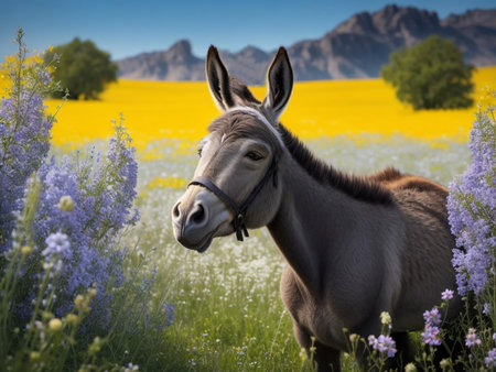 Donkey in a field of wildflowers. Summer landscape.の素材