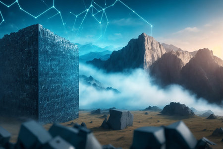 Fantasy landscape with stone wall. 3d rendering. double exposureの素材