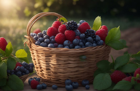 Fresh berries in a wicker basket on a wooden table in the gardenの素材