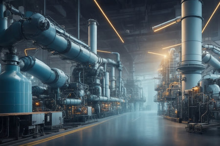 Industrial zone, Steel pipelines and cables in blue tones at nightの素材
