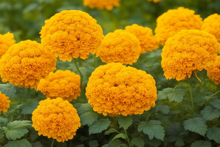 Yellow marigold flowers in the garden. Marigold flower backgroundの素材