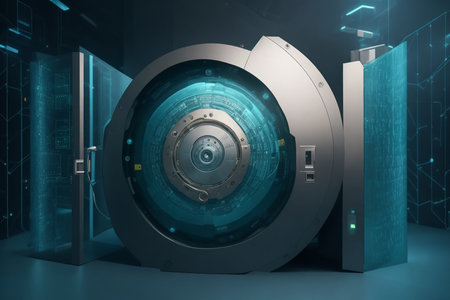 3d rendering of a vault door with a combination lock in the backgroundの素材