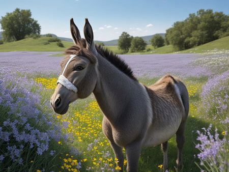 Donkey in a field of lavender and wildflowers.の素材