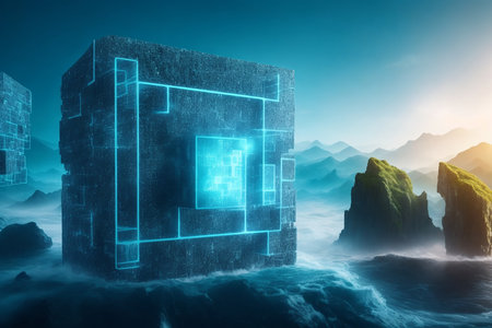 Futuristic building against digitally generated image of rocks in the seaの素材