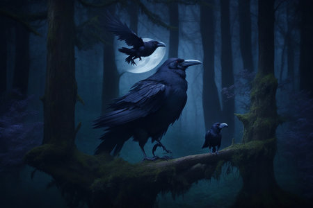 Two ravens in the dark forest. Night scene. Halloween.の素材