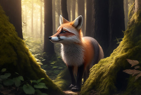 Red fox in the forest at sunset. 3d render illustration.の素材