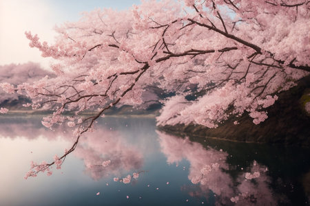 Cherry blossoms on the lake. Cherry blossom in Japanの素材