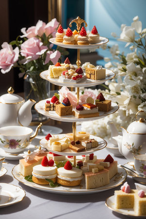 a lot of different cakes on a buffet table in a restaurant.の素材