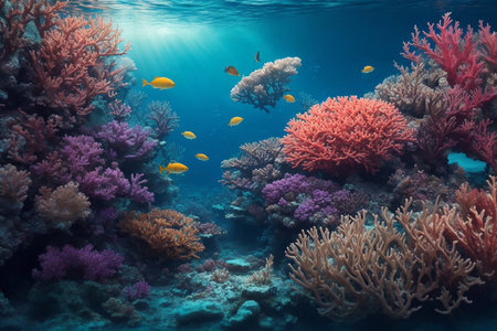 Underwater view of coral reef with fishes and corals, underwater landscapeの素材